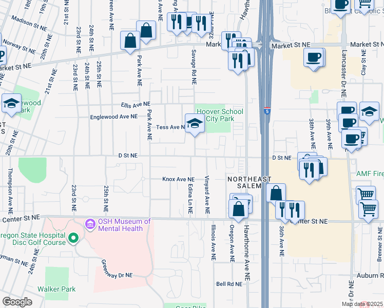 map of restaurants, bars, coffee shops, grocery stores, and more near 955 Edina Lane Northeast in Salem