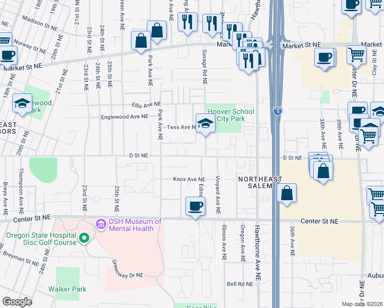 map of restaurants, bars, coffee shops, grocery stores, and more near 955 Edina Lane Northeast in Salem