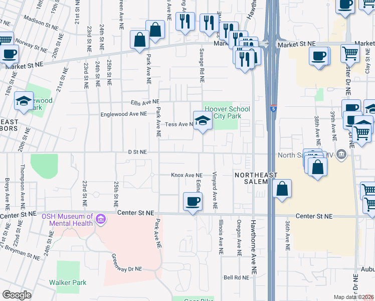 map of restaurants, bars, coffee shops, grocery stores, and more near 955 Edina Lane Northeast in Salem