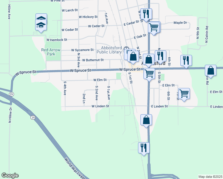 map of restaurants, bars, coffee shops, grocery stores, and more near 211 South 1st Avenue in Abbotsford