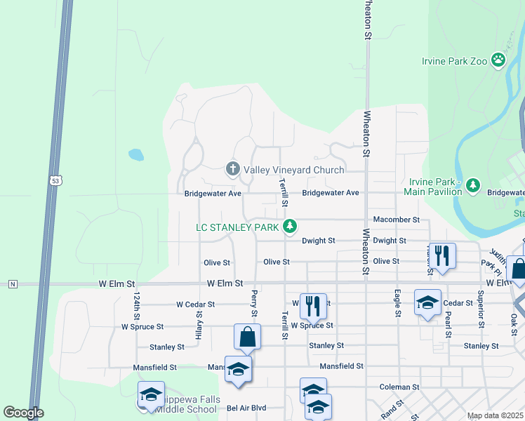 map of restaurants, bars, coffee shops, grocery stores, and more near 1317 Perry Street in Chippewa Falls