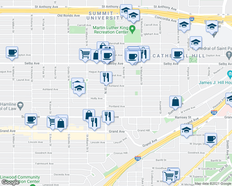 map of restaurants, bars, coffee shops, grocery stores, and more near 578 Holly Avenue in Saint Paul