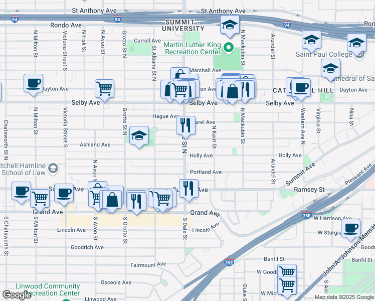 map of restaurants, bars, coffee shops, grocery stores, and more near 608 Holly Avenue in Saint Paul