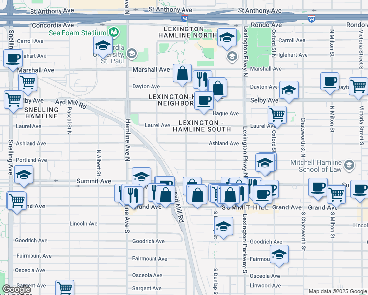 map of restaurants, bars, coffee shops, grocery stores, and more near 1217 Portland Avenue in Saint Paul