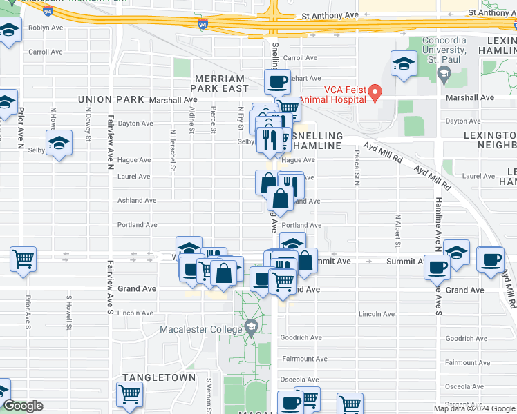 map of restaurants, bars, coffee shops, grocery stores, and more near 1599 Portland Avenue in Saint Paul