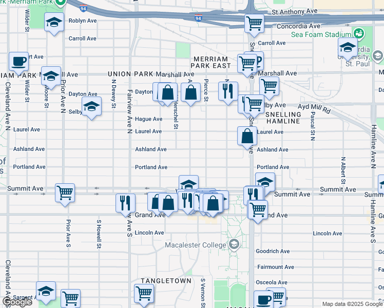map of restaurants, bars, coffee shops, grocery stores, and more near 1709 Portland Avenue in Saint Paul