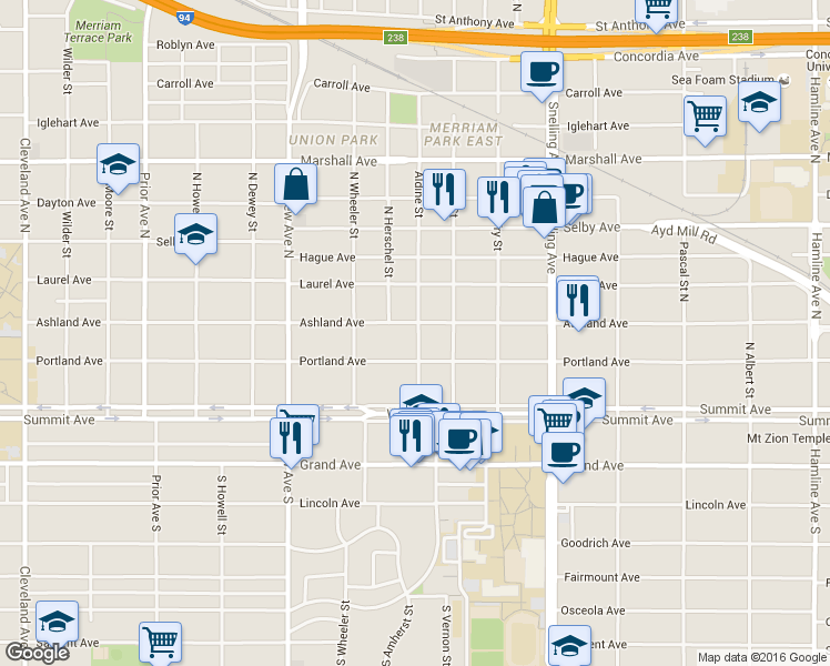 map of restaurants, bars, coffee shops, grocery stores, and more near 1709 Portland Avenue in Saint Paul