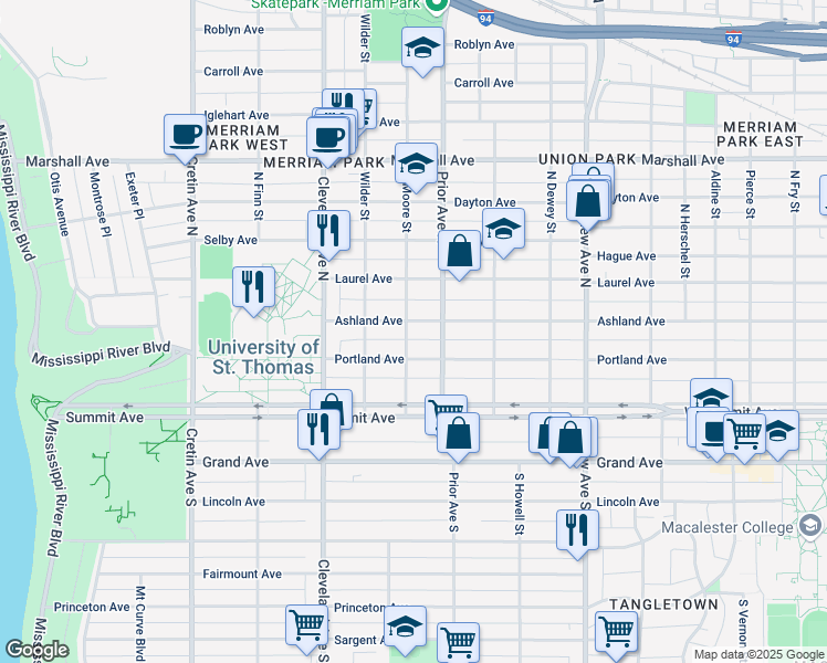 map of restaurants, bars, coffee shops, grocery stores, and more near 1985 Portland Avenue in Saint Paul