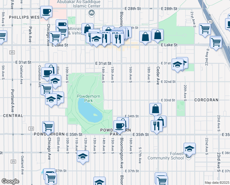 map of restaurants, bars, coffee shops, grocery stores, and more near 3255 South 15th Avenue in Minneapolis