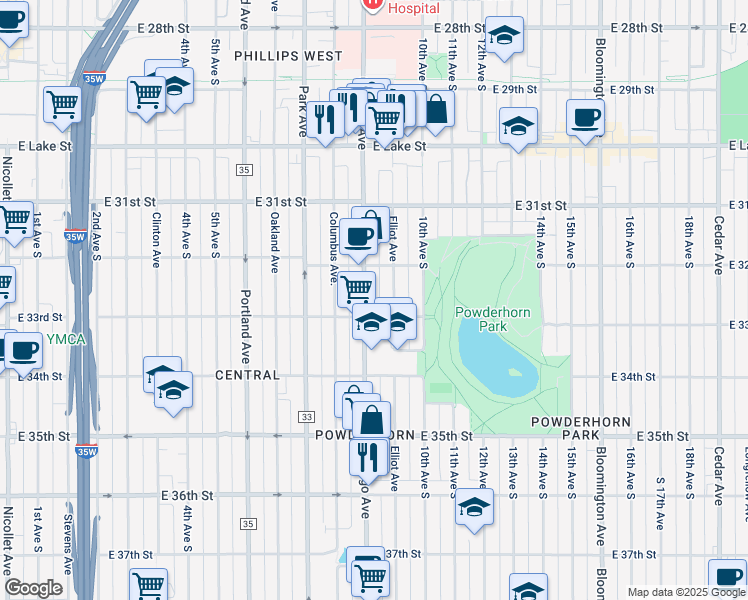 map of restaurants, bars, coffee shops, grocery stores, and more near in Minneapolis