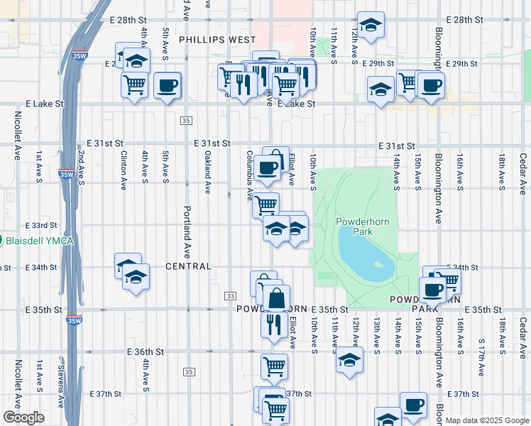 map of restaurants, bars, coffee shops, grocery stores, and more near in Minneapolis