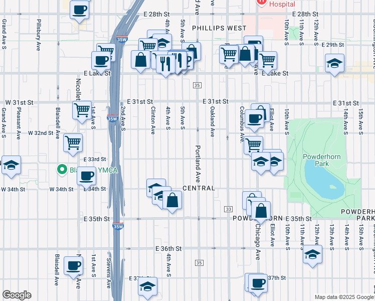map of restaurants, bars, coffee shops, grocery stores, and more near 3301 South 5th Avenue in Minneapolis