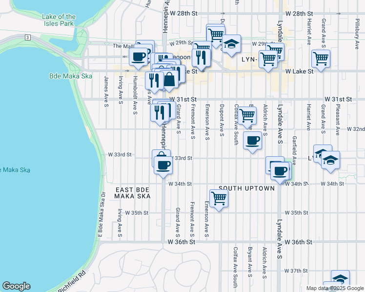 map of restaurants, bars, coffee shops, grocery stores, and more near 3253 Girard Avenue South in Minneapolis