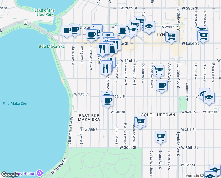 map of restaurants, bars, coffee shops, grocery stores, and more near 3254 Hennepin Avenue in Minneapolis