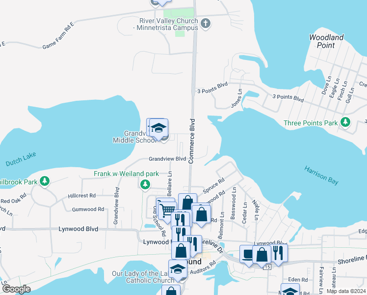 map of restaurants, bars, coffee shops, grocery stores, and more near 5598 Sherwood Drive in Mound