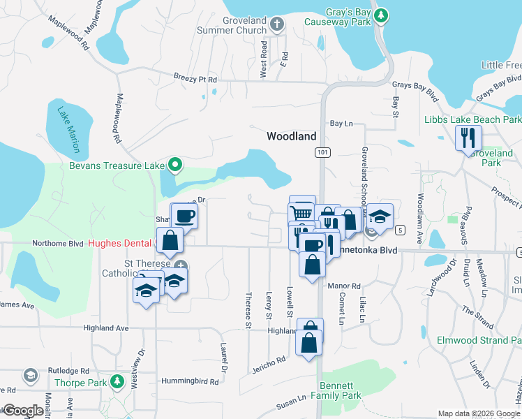 map of restaurants, bars, coffee shops, grocery stores, and more near 3301 Breconwood Circle in Wayzata
