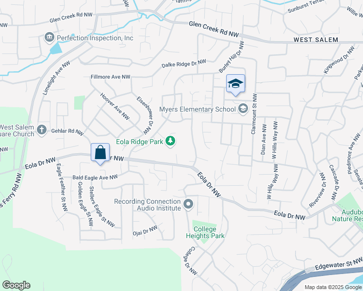 map of restaurants, bars, coffee shops, grocery stores, and more near 2425 Eola Drive Northwest in Salem