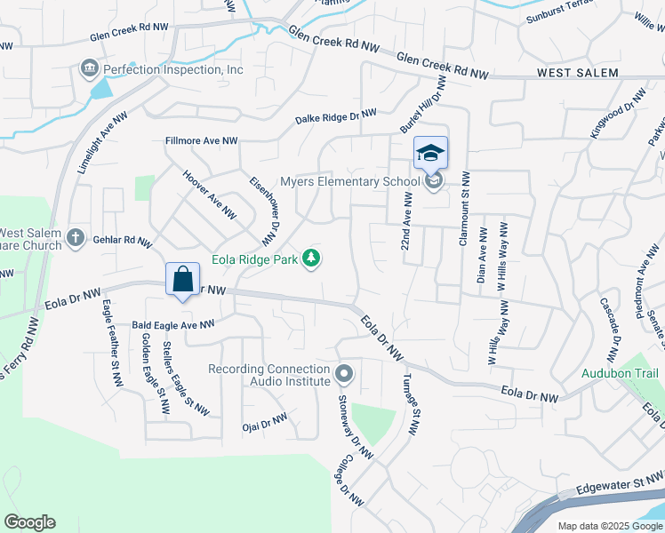 map of restaurants, bars, coffee shops, grocery stores, and more near 2425 Eola Drive Northwest in Salem