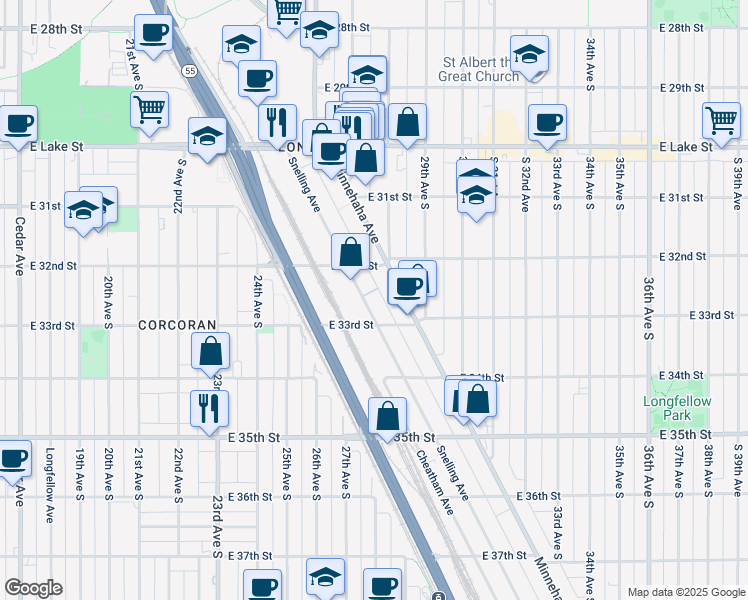 map of restaurants, bars, coffee shops, grocery stores, and more near 2710 East 33rd Street in Minneapolis