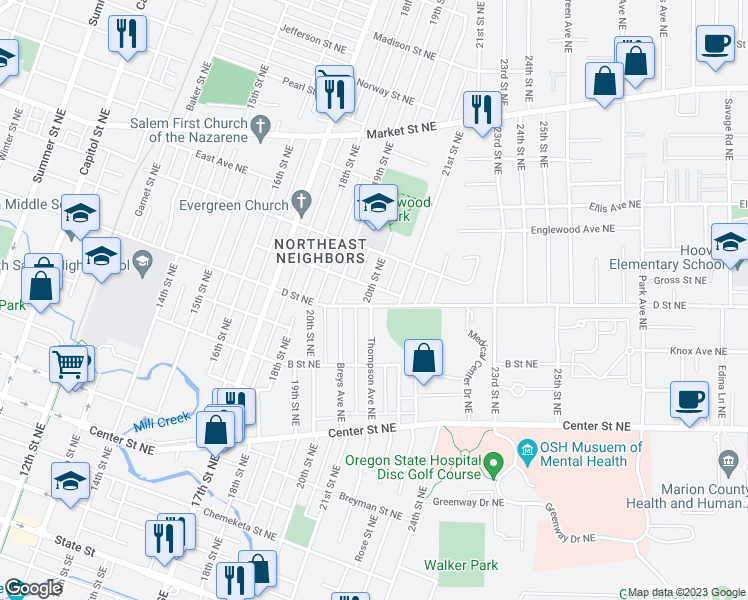 map of restaurants, bars, coffee shops, grocery stores, and more near 960 20th Street Northeast in Salem