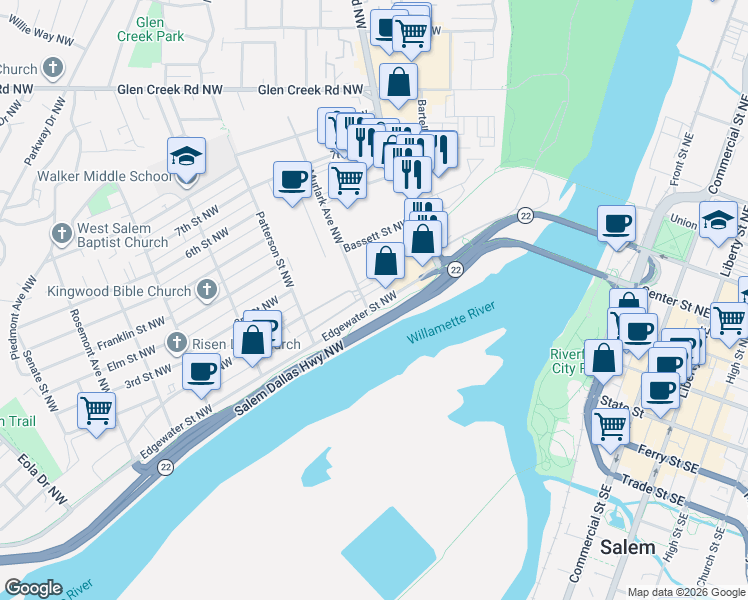 map of restaurants, bars, coffee shops, grocery stores, and more near 695 1st Street Northwest in Salem