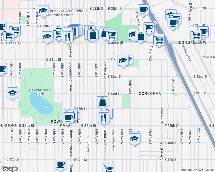 map of restaurants, bars, coffee shops, grocery stores, and more near 3206 Cedar Avenue in Minneapolis