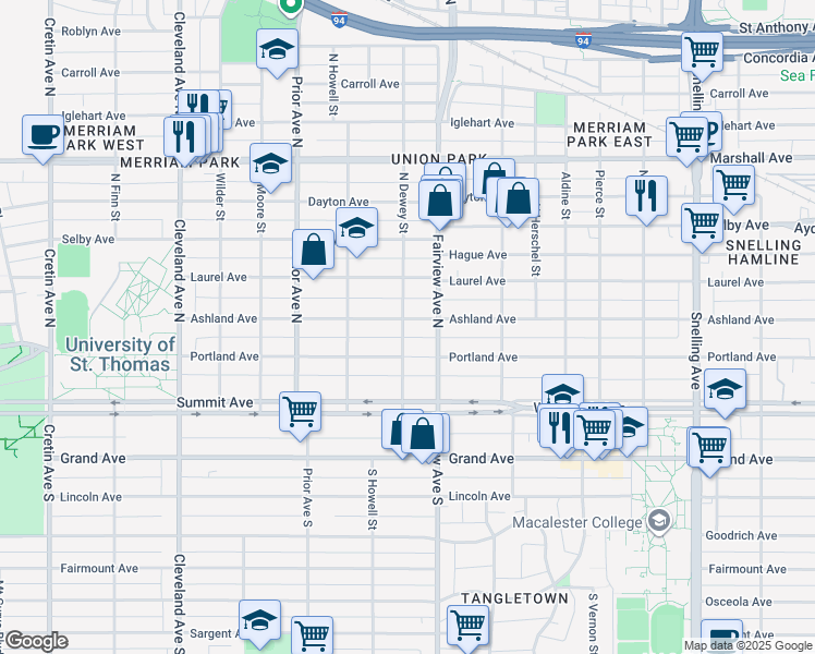 map of restaurants, bars, coffee shops, grocery stores, and more near 1847 Ashland Avenue in Saint Paul