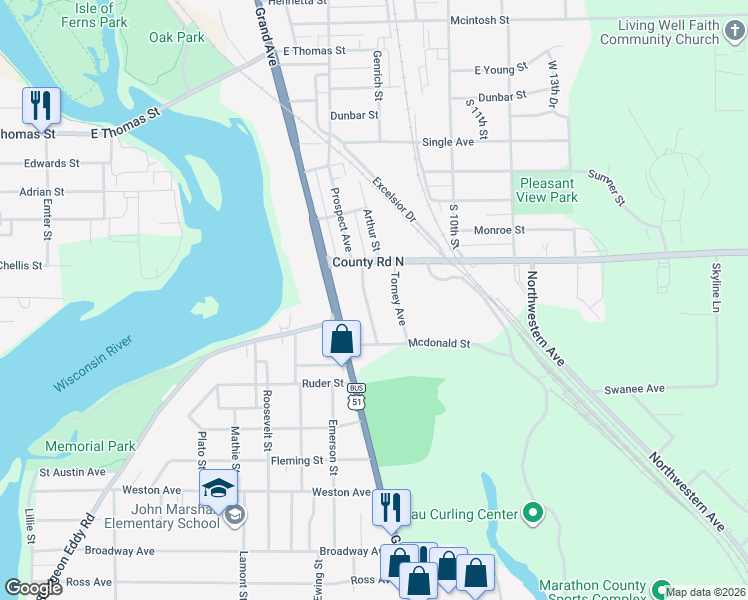 map of restaurants, bars, coffee shops, grocery stores, and more near 1312 Torney Avenue in Wausau
