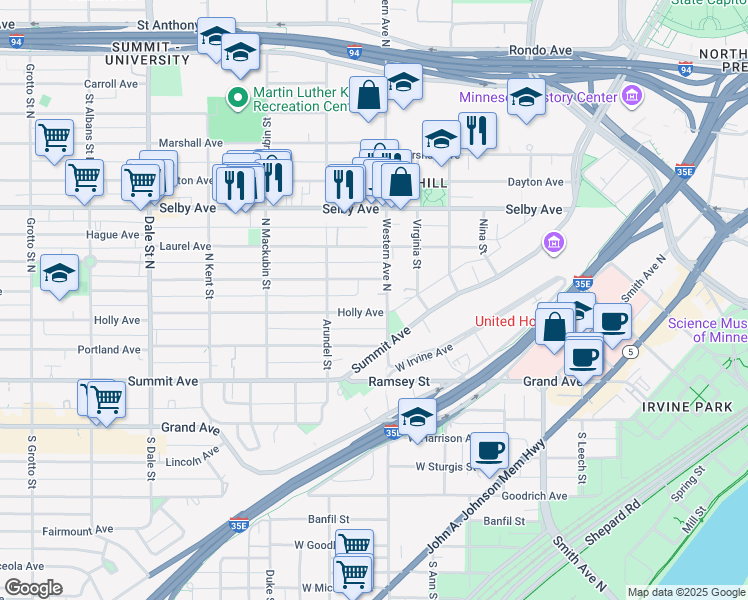 map of restaurants, bars, coffee shops, grocery stores, and more near 401 Ashland Avenue in Saint Paul