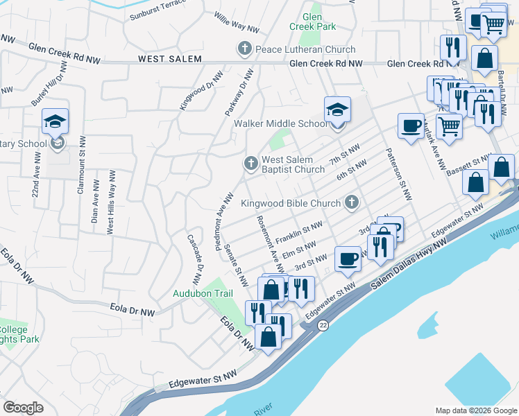 map of restaurants, bars, coffee shops, grocery stores, and more near 850 Rosemont Avenue Northwest in Salem
