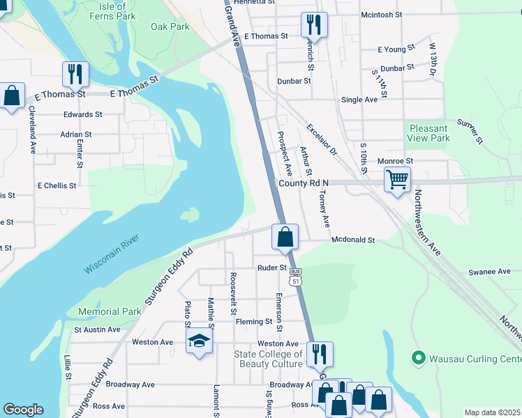 map of restaurants, bars, coffee shops, grocery stores, and more near 1314 Grand Avenue in Wausau