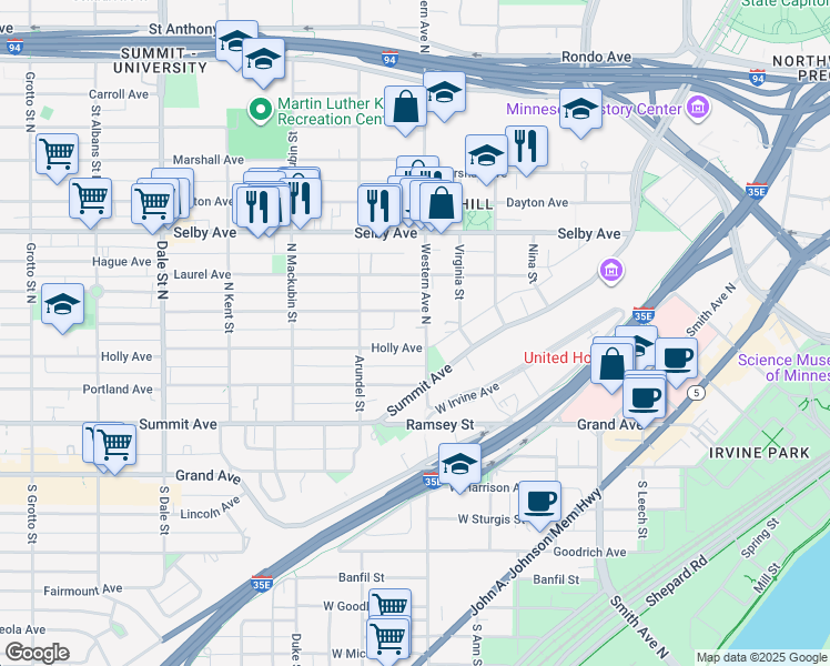 map of restaurants, bars, coffee shops, grocery stores, and more near 401 Ashland Avenue in Saint Paul
