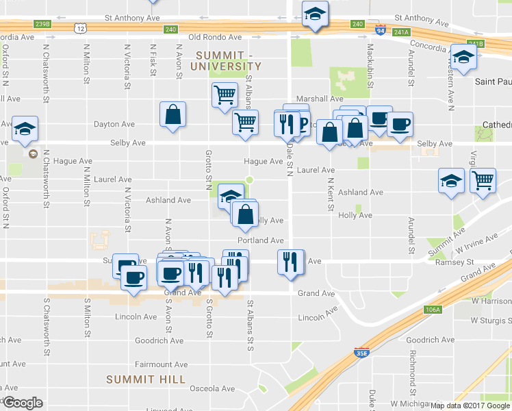 map of restaurants, bars, coffee shops, grocery stores, and more near 110 Saint Albans Street North in Saint Paul