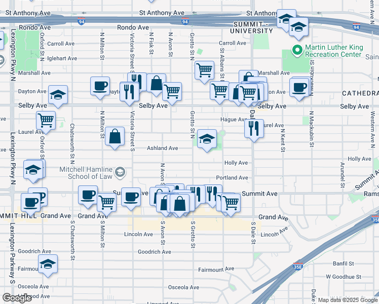 map of restaurants, bars, coffee shops, grocery stores, and more near 752 Laurel Avenue in Saint Paul