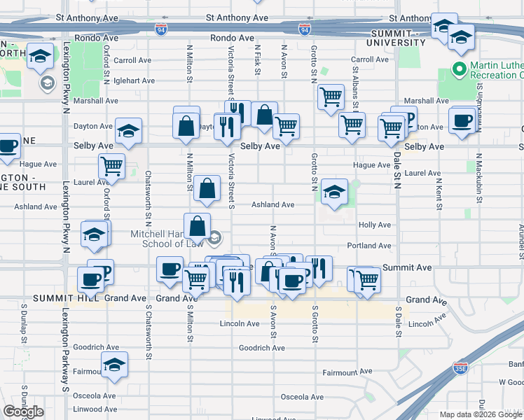map of restaurants, bars, coffee shops, grocery stores, and more near 825 Ashland Avenue in Saint Paul