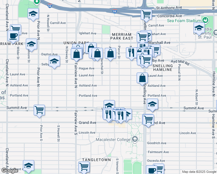 map of restaurants, bars, coffee shops, grocery stores, and more near 1703 Ashland Avenue in Saint Paul