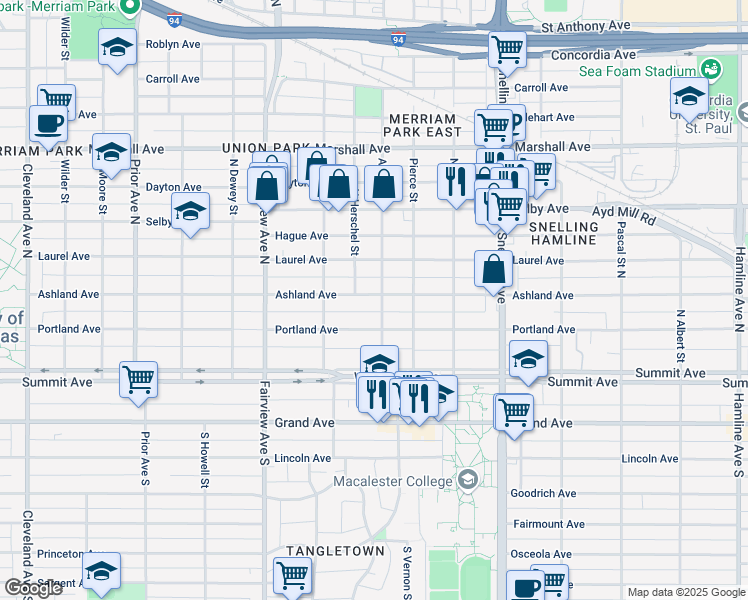 map of restaurants, bars, coffee shops, grocery stores, and more near 1703 Ashland Avenue in Saint Paul
