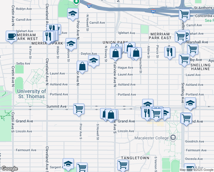 map of restaurants, bars, coffee shops, grocery stores, and more near 1847 Ashland Avenue in Saint Paul
