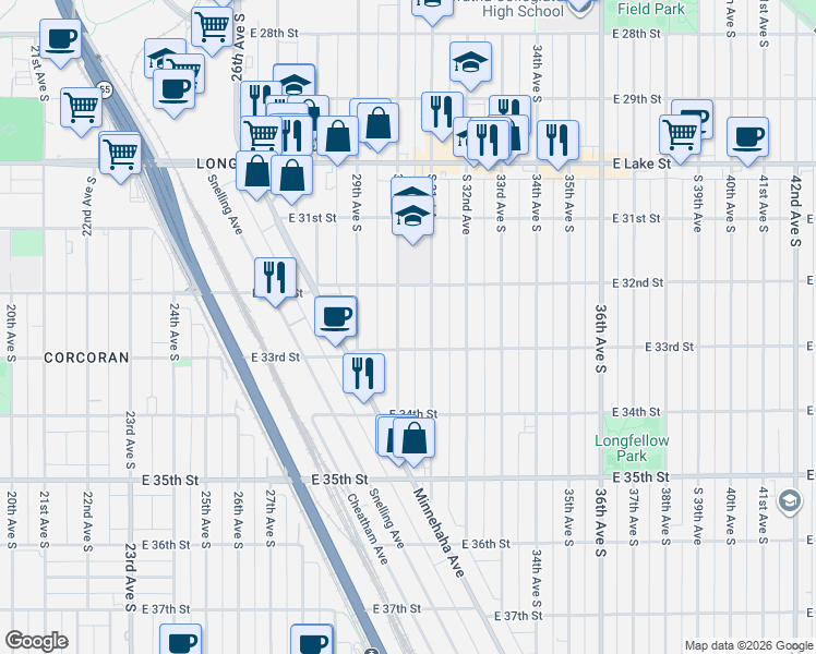 map of restaurants, bars, coffee shops, grocery stores, and more near 3209 30th Avenue South in Minneapolis
