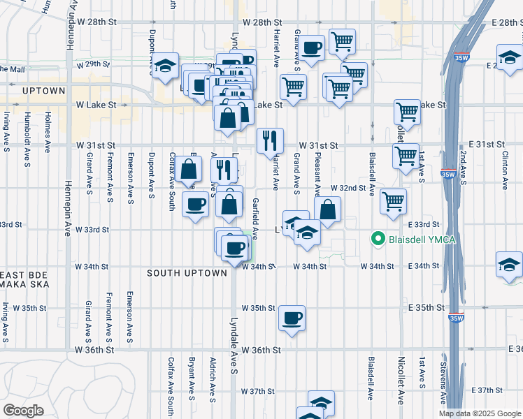 map of restaurants, bars, coffee shops, grocery stores, and more near 3205 Garfield Avenue in Minneapolis