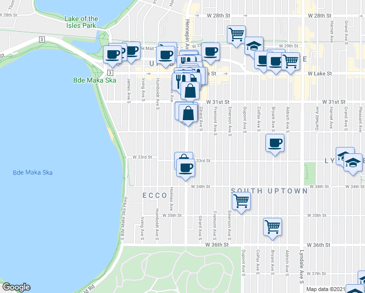 map of restaurants, bars, coffee shops, grocery stores, and more near 3208 Hennepin Avenue in Minneapolis