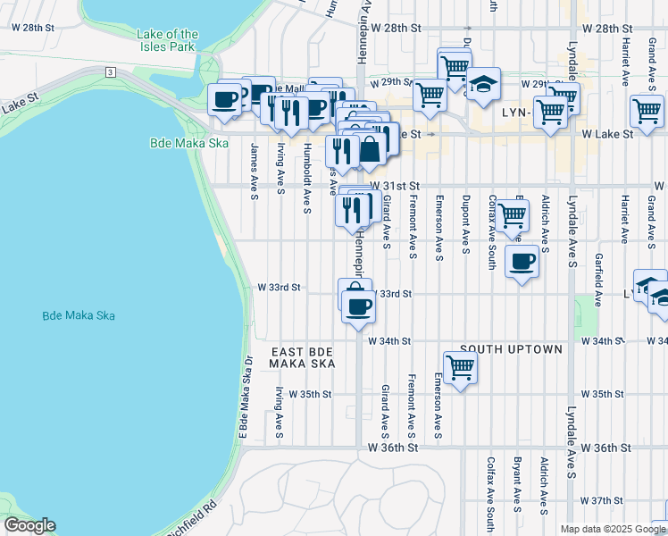 map of restaurants, bars, coffee shops, grocery stores, and more near in Minneapolis