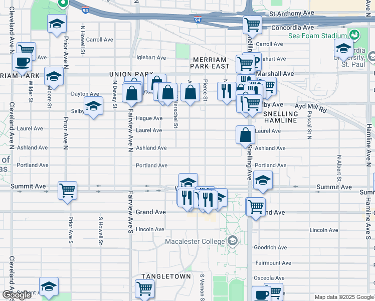 map of restaurants, bars, coffee shops, grocery stores, and more near 1703 Ashland Avenue in Saint Paul