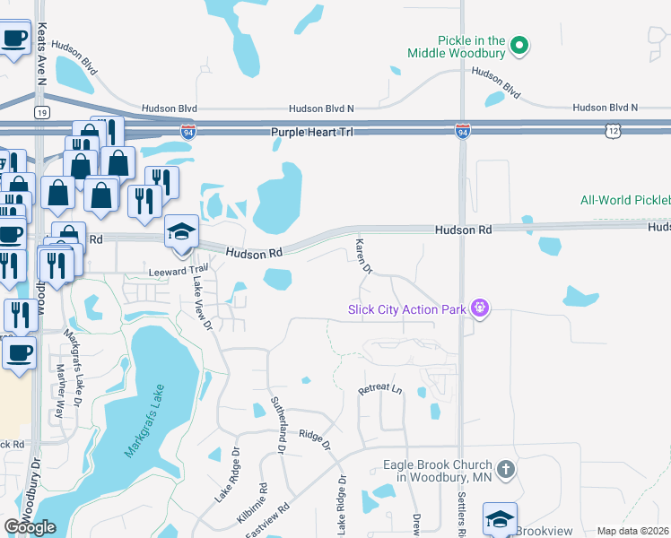 map of restaurants, bars, coffee shops, grocery stores, and more near 10609-10999 Hudson Road in Woodbury