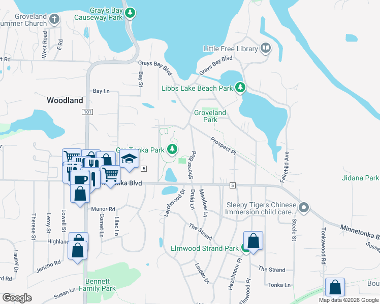 map of restaurants, bars, coffee shops, grocery stores, and more near 3146 Shores Boulevard in Wayzata