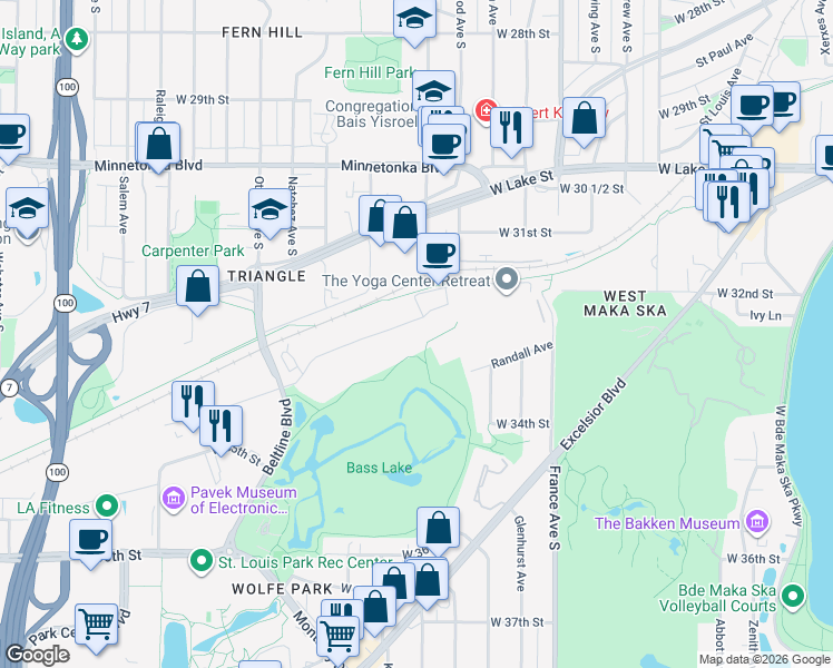 map of restaurants, bars, coffee shops, grocery stores, and more near 4301 Park Glen Road in Minneapolis
