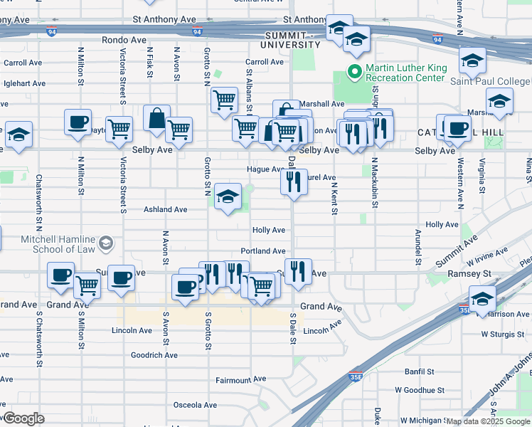 map of restaurants, bars, coffee shops, grocery stores, and more near 656 Ashland Avenue in Saint Paul