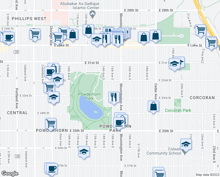 map of restaurants, bars, coffee shops, grocery stores, and more near 3201 South 15th Avenue in Minneapolis
