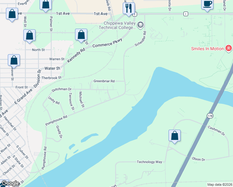map of restaurants, bars, coffee shops, grocery stores, and more near 1126 Dutchman Court in Chippewa Falls