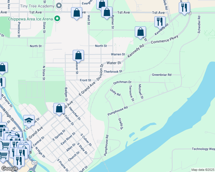 map of restaurants, bars, coffee shops, grocery stores, and more near 3 Division Street in Chippewa Falls